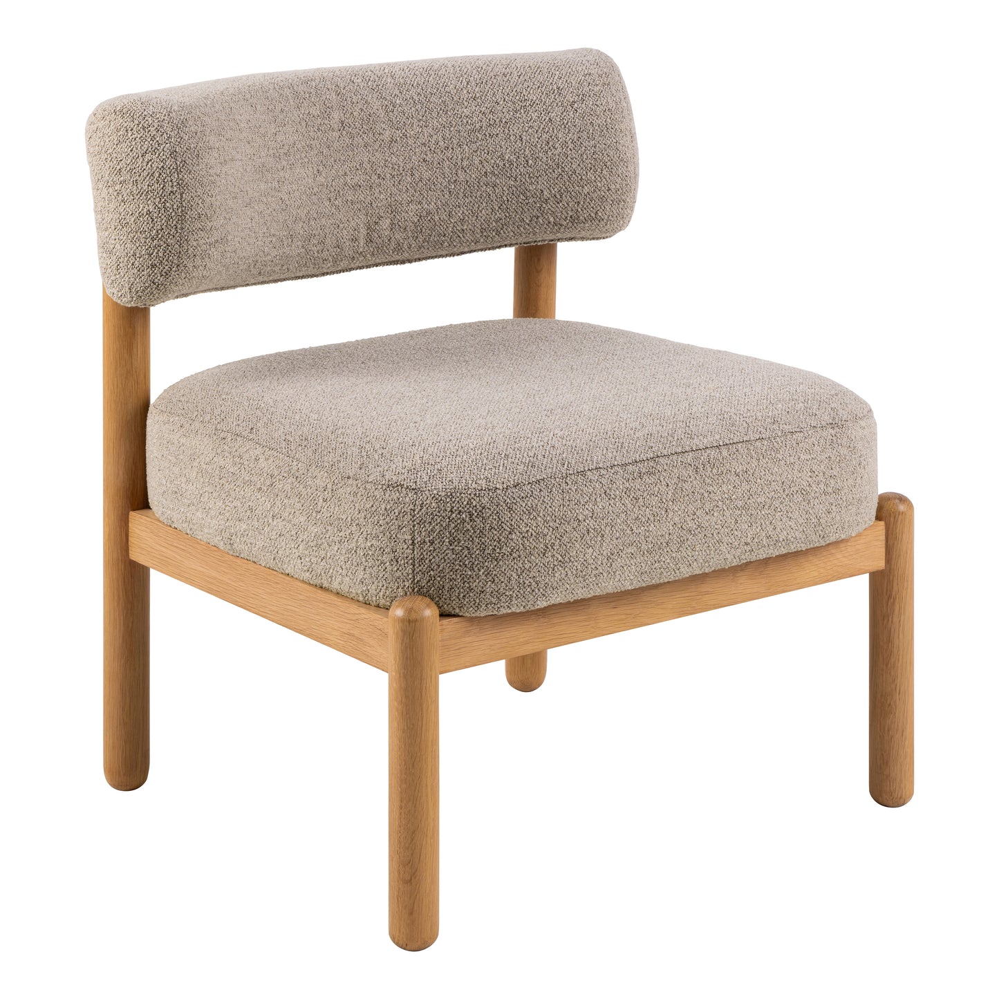 Modern lounge chair featuring a light beige textured fabric on the cushioned seat and low backrest, supported by a minimalist light wood frame with rounded legs and clean lines.
