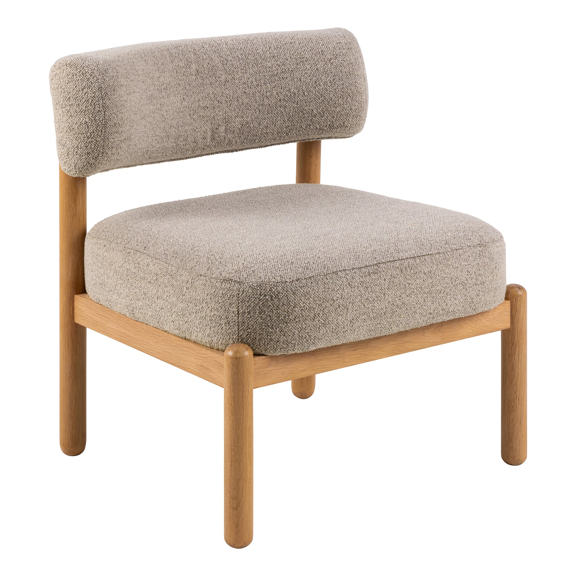 Modern lounge chair featuring a light beige textured fabric on the cushioned seat and low backrest, supported by a minimalist light wood frame with rounded legs and clean lines.