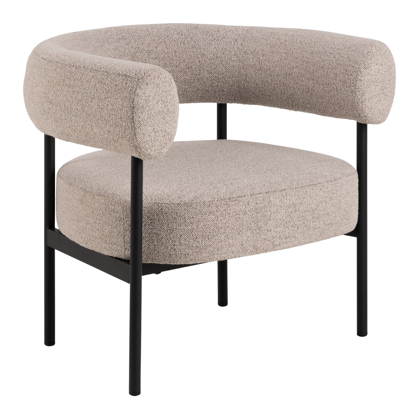 Beige bouclé lounge armchair with black steel base and pocket springs.