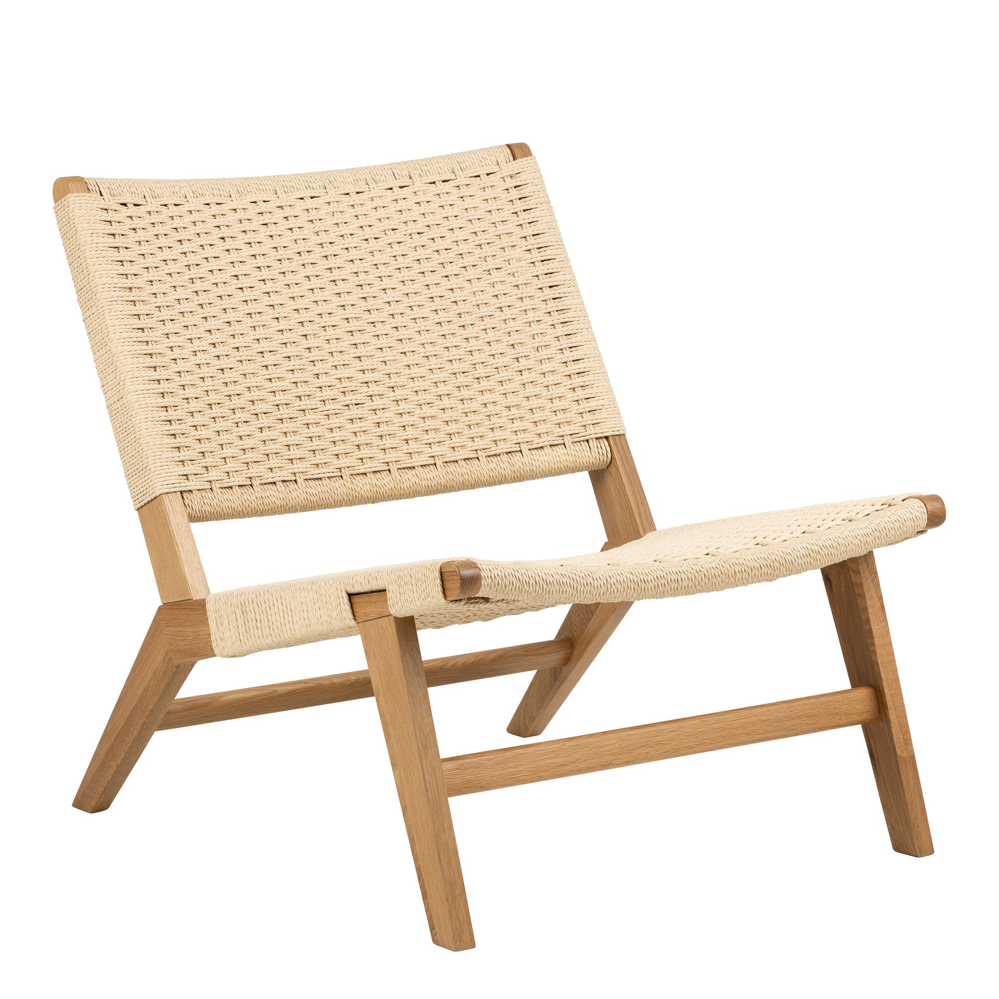 Low lounge chair with woven seat and backrest on a wooden frame.