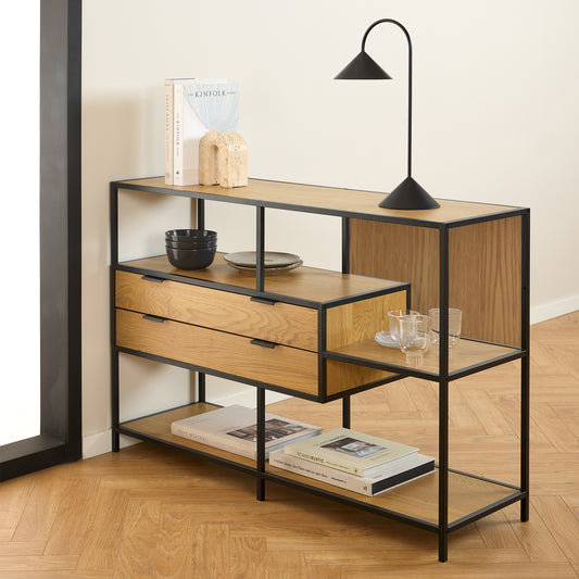 Wooden shelf with black metal frame