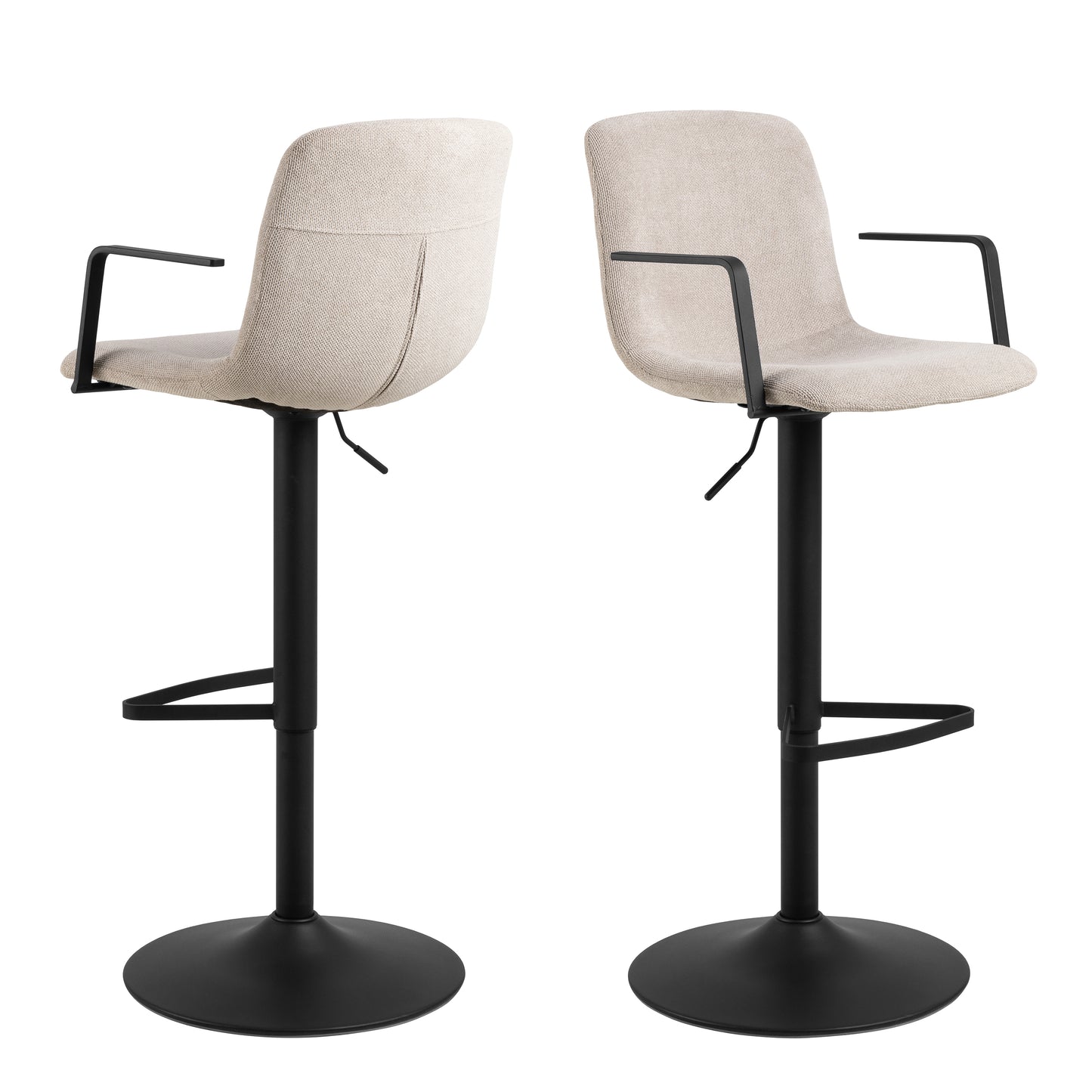 Two beige bar stools with black metal legs