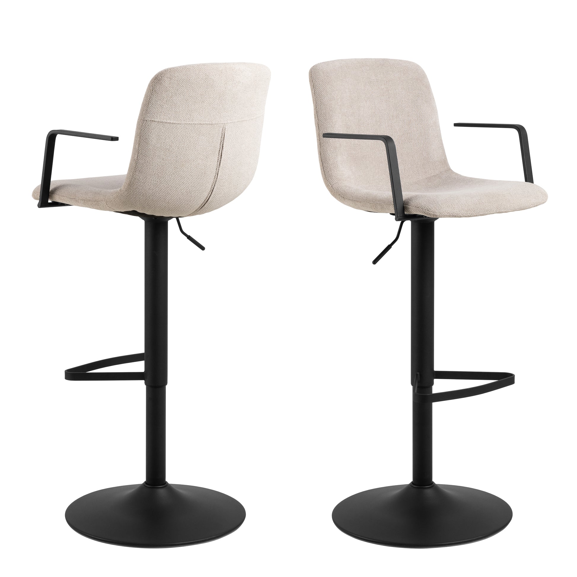Two beige bar stools with black metal legs