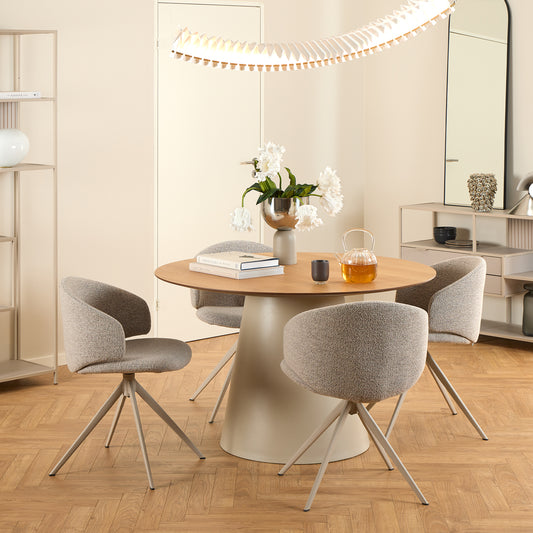 Dining round wooden table and four gray chairs. Dining Furniture set for 4