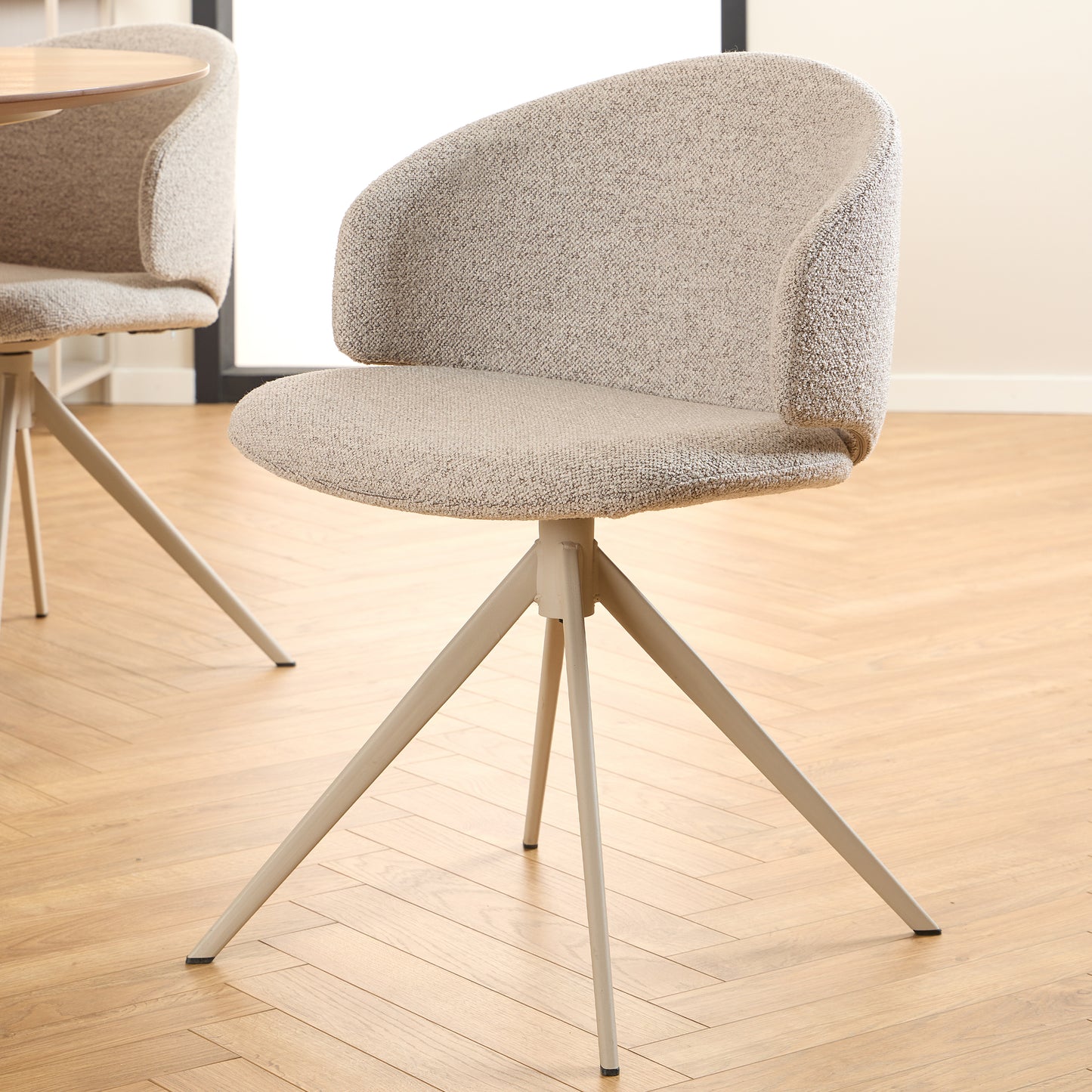Dining furniture set includes Soli Round Table in Oak/Grey and 4 Ella Swivel Beige Dining Chair