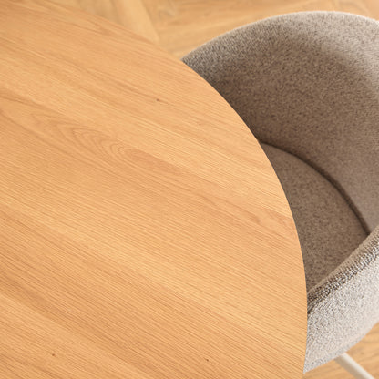 Dining furniture set includes Soli Round Table in Oak/Grey and 4 Ella Swivel Beige Dining Chair