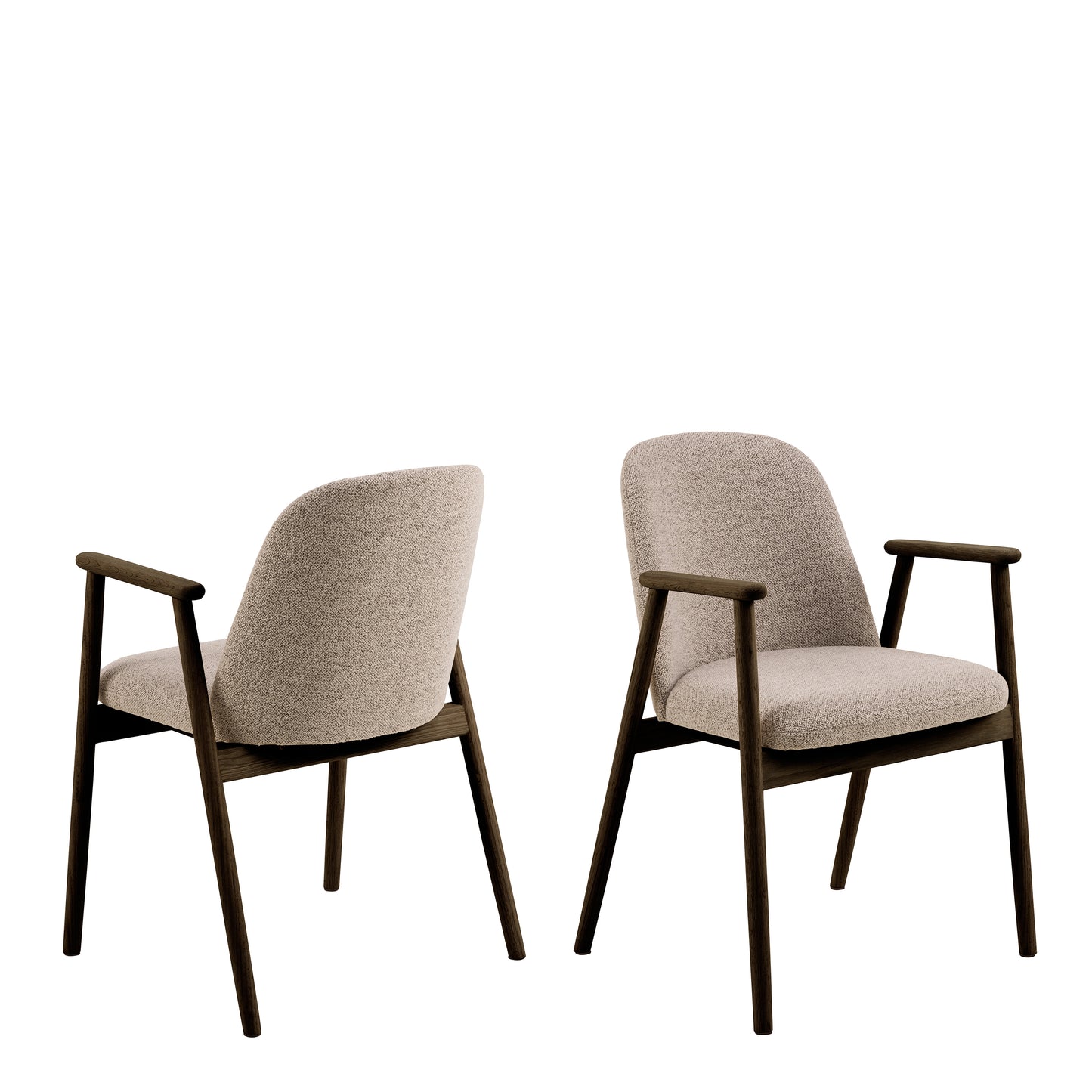 Modern dining chair with a beige upholstered seat and backrest, featuring a sleek dark wooden frame and angled legs. The chair has minimalist wooden armrests integrated into the frame.