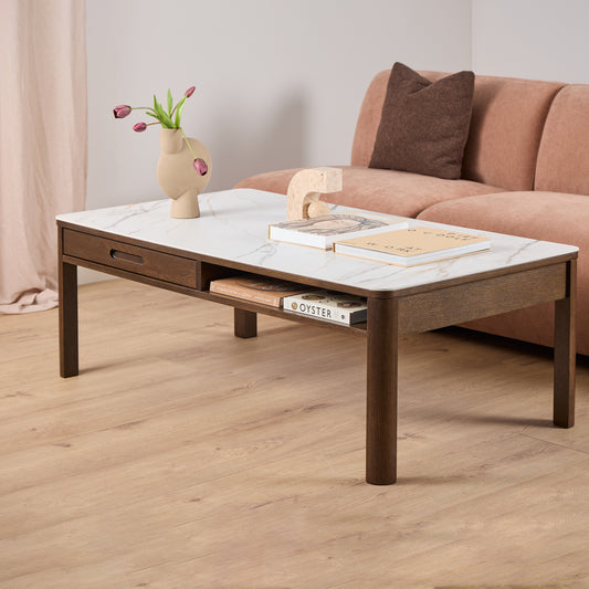 Southampton Rectangular Coffee Table with 1 Drawer 1 Shelf and Cream Ceramic Top