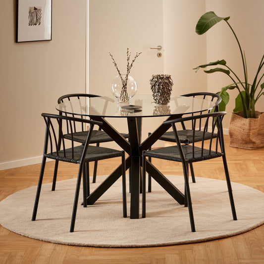 Heaven Round Dining Table with Clear Glass Top and Black Legs 119x75.5cm