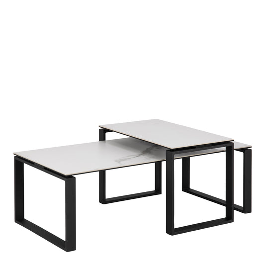 Coffee Table Set of 2 with White Ceramic Top and black steel base
