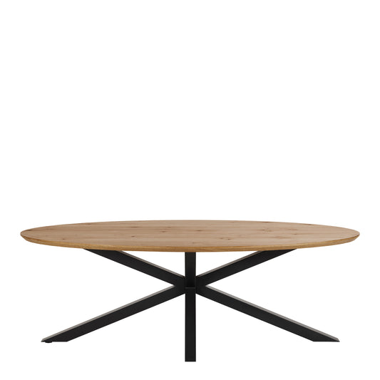 Oval dining table with oak veneer and metal base 