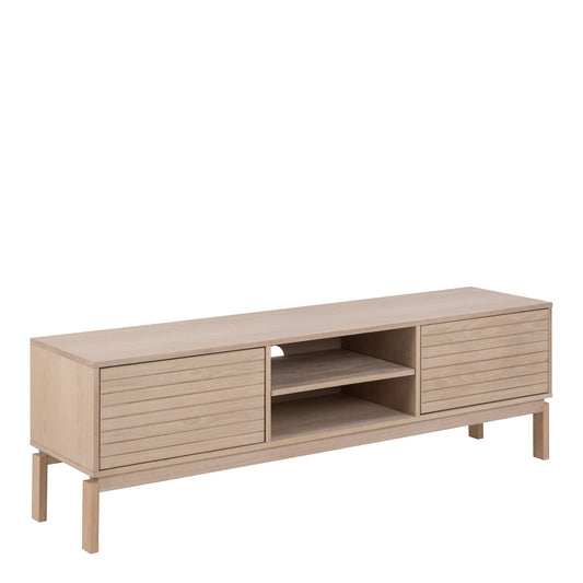 Scandinavian-style light wood TV stand with slatted cabinet doors and open central shelves.