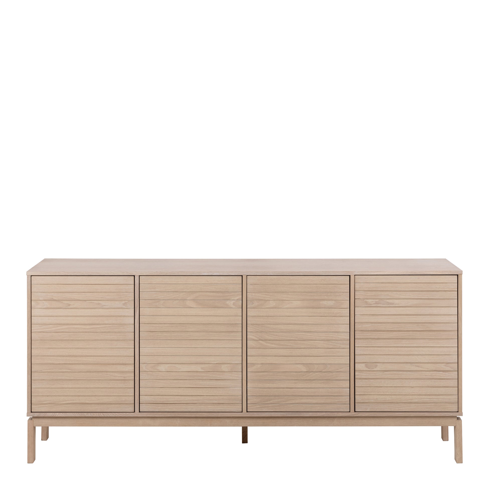 Modern light wood sideboard with four slatted doors and raised legs in Scandinavian design.