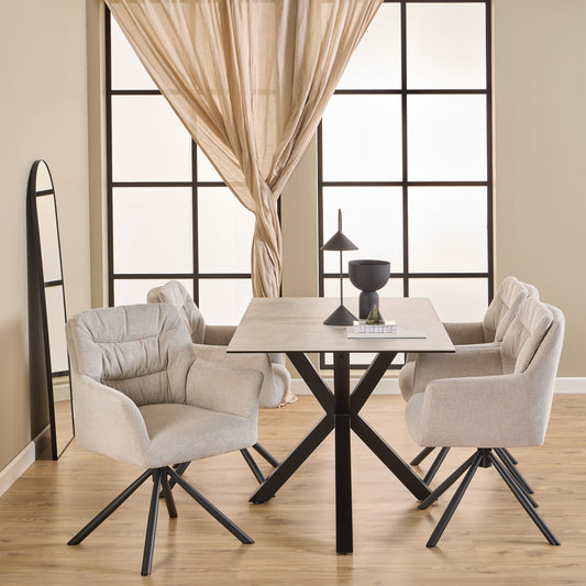 Meridian Dining Set – Ceramic White Table + 4 Cream Swivel Chairs