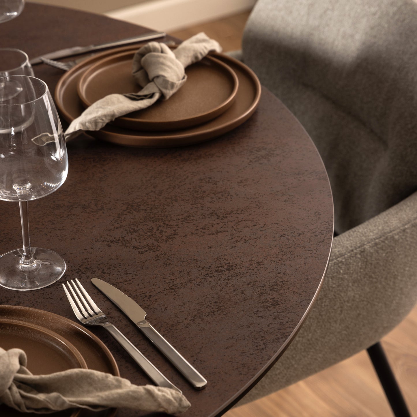 Meridian Round Dining Table with Ceramic Rusty Brown Top