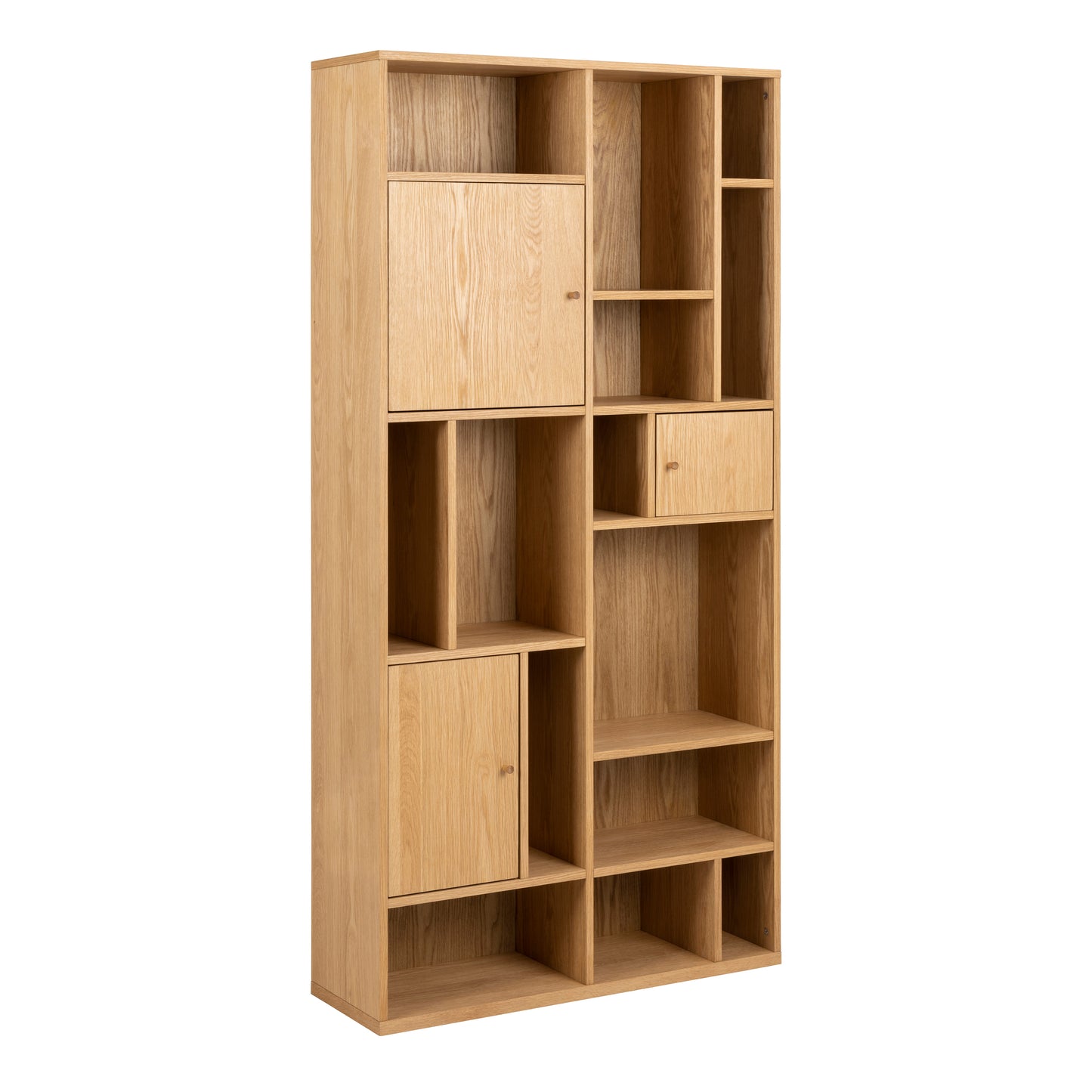 Large oak wooden bookcase with 3 doors, 11 shelves, and open compartment (90x30x180cm).
