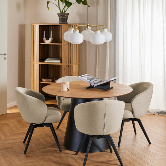 Round Dining Set – Oak Top & Black base table with 4 Beige Darlene Swivel Chairs