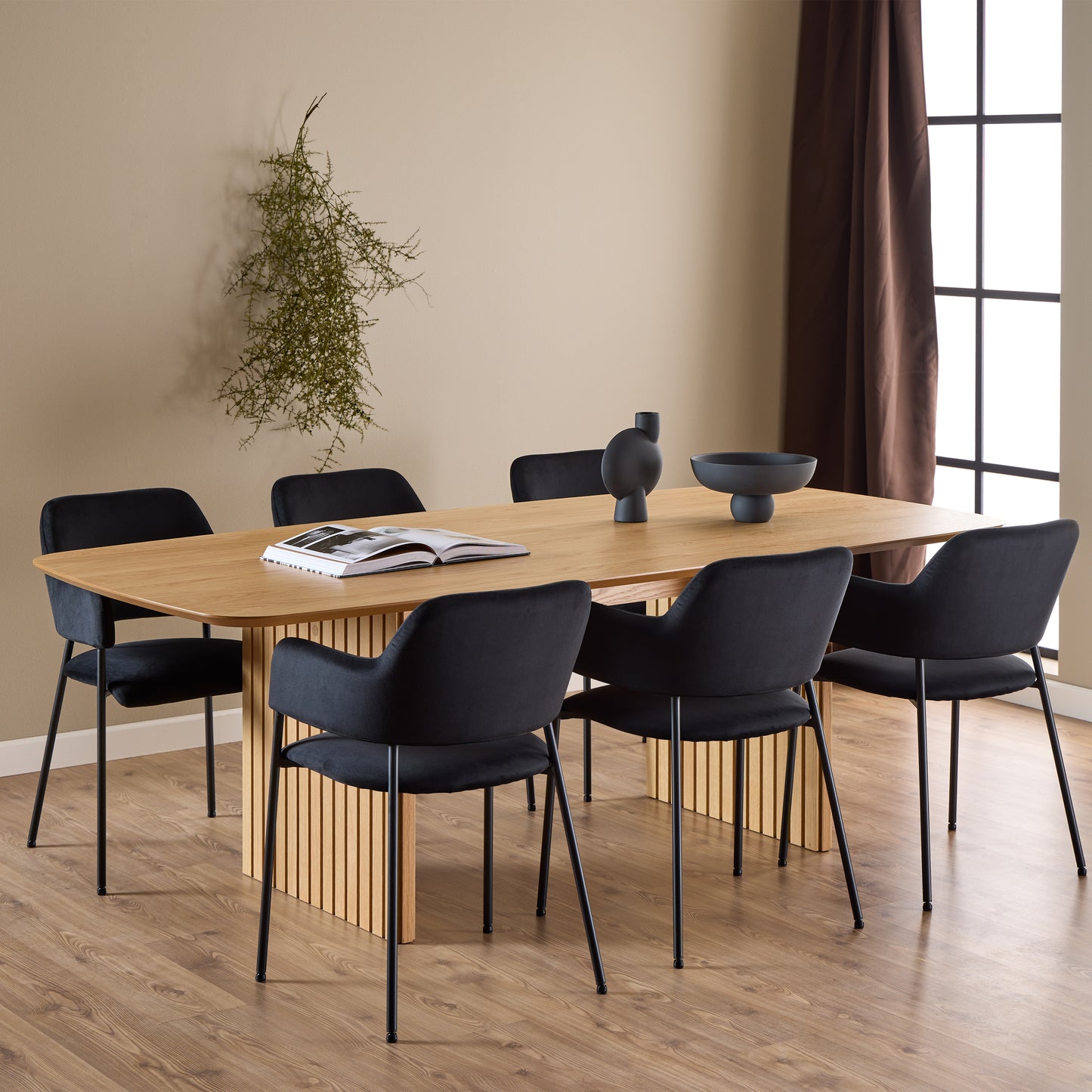 Corven Dining Table in Oak includes 6 Lima Dining Chair in Black