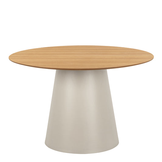 Dining furniture set includes Soli Round Table in Oak/Grey and 4 Ella Swivel Beige Dining Chair