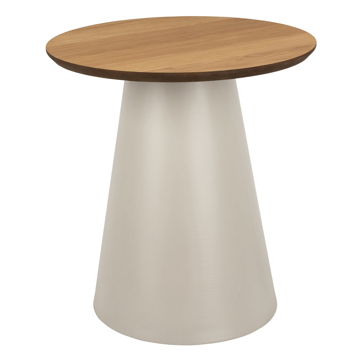 Round oak coffee table with a white conical metal base
