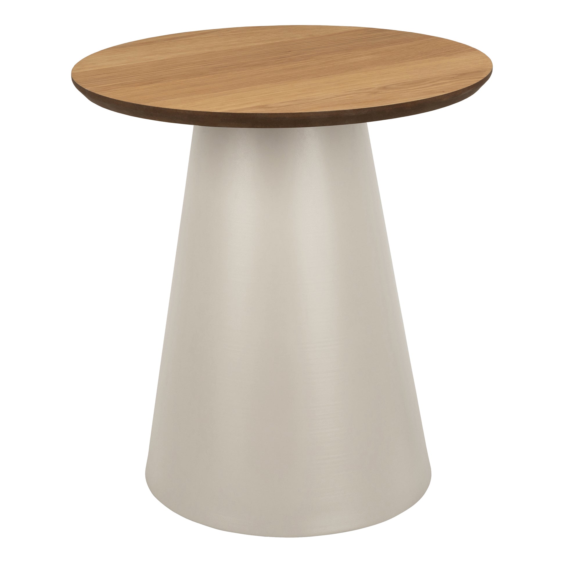 Round oak coffee table with a white conical metal base