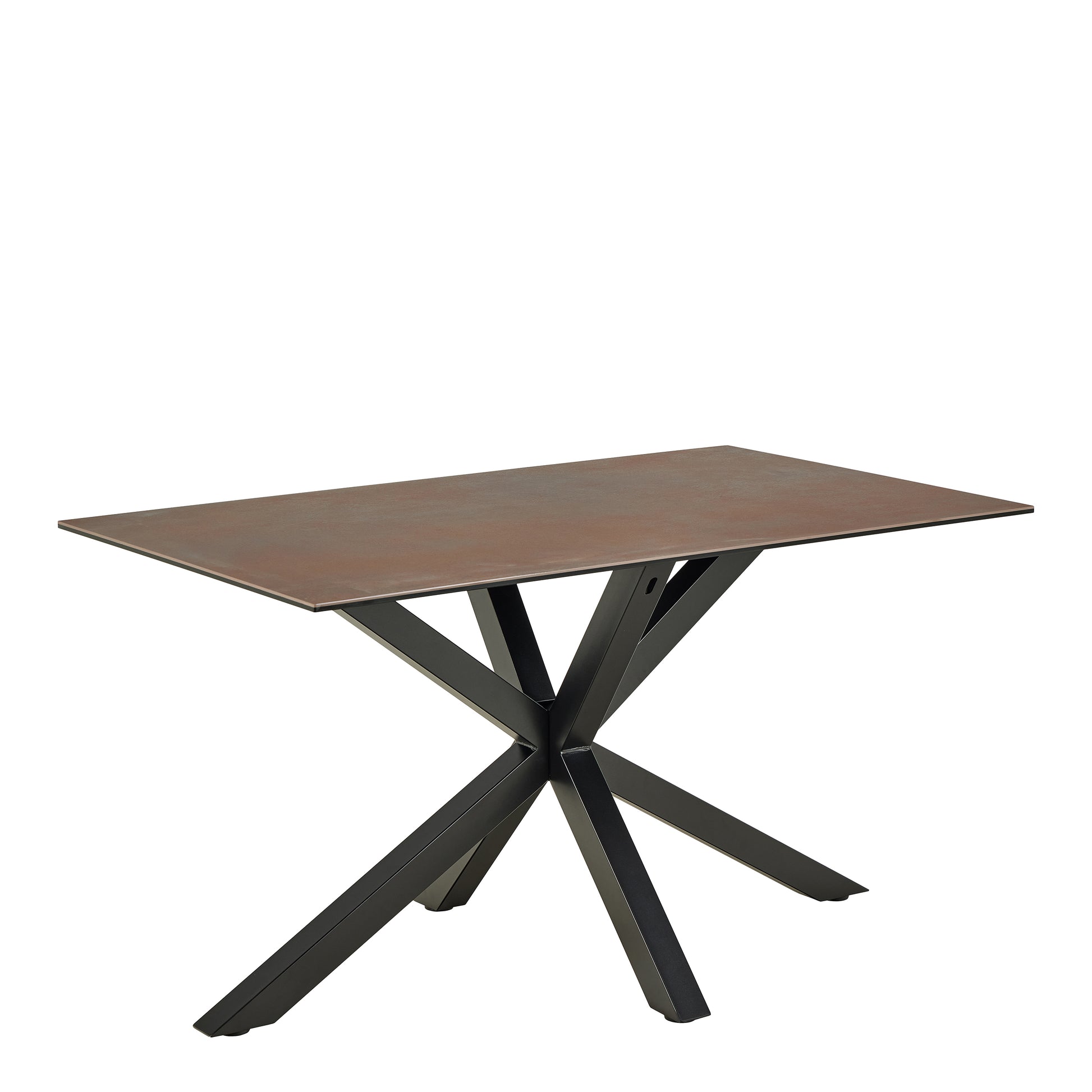 Rectangular table with a ceramic brown top and black metal legs