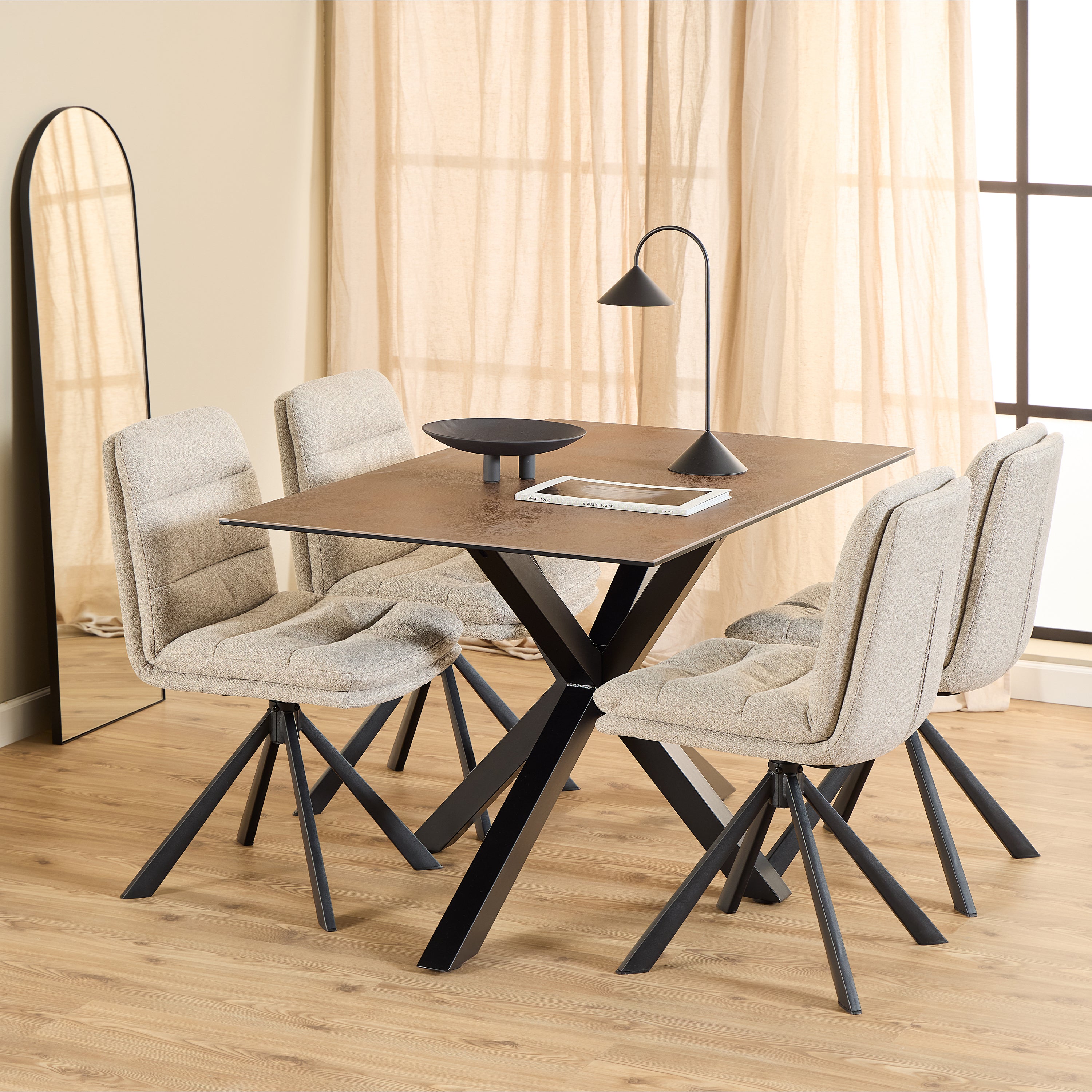 Meridian Dining Set – Rusty Brown Ceramic Table + 4 Beige Swivel Chairs ...