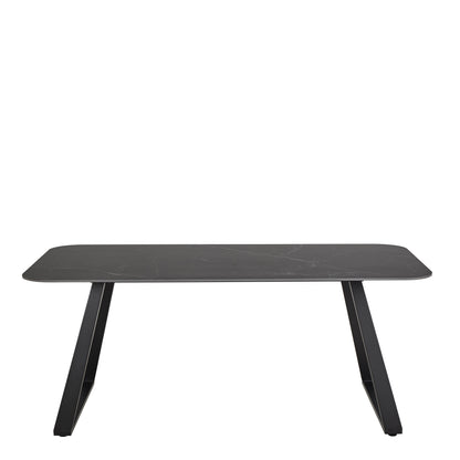 Antalya dining table in black with ceramic top and black metal base, modern minimalist dining table seating six