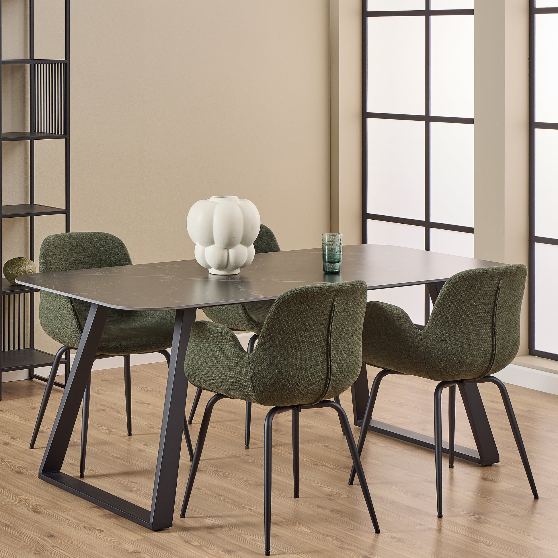 Antalya dining table in black with ceramic top and black metal base, modern minimalist dining table seating six