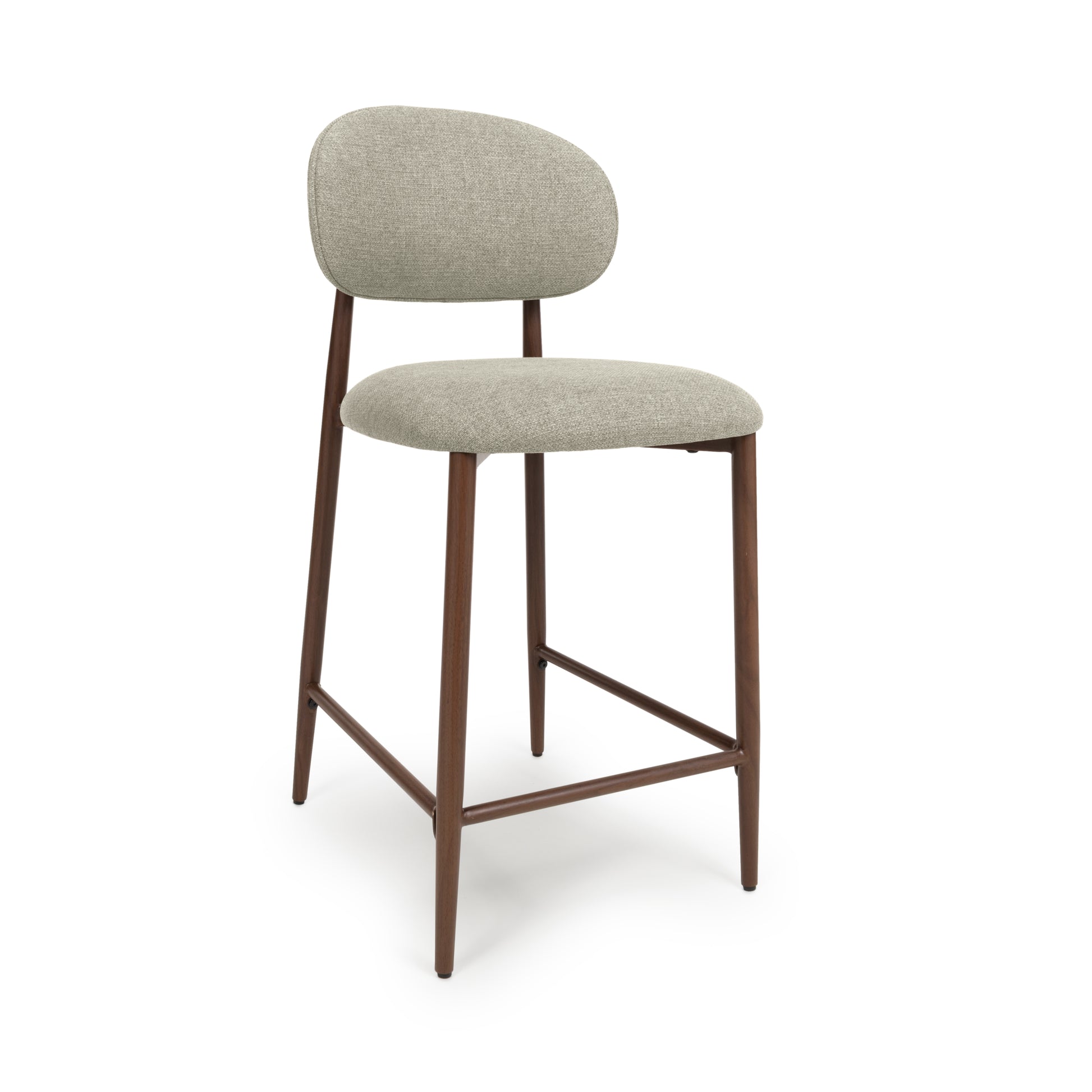 A modern counter chairs with a light beige textured fabric upholstered seat and curved backrest, supported by a dark brown metal frame with leg extensions and footrests