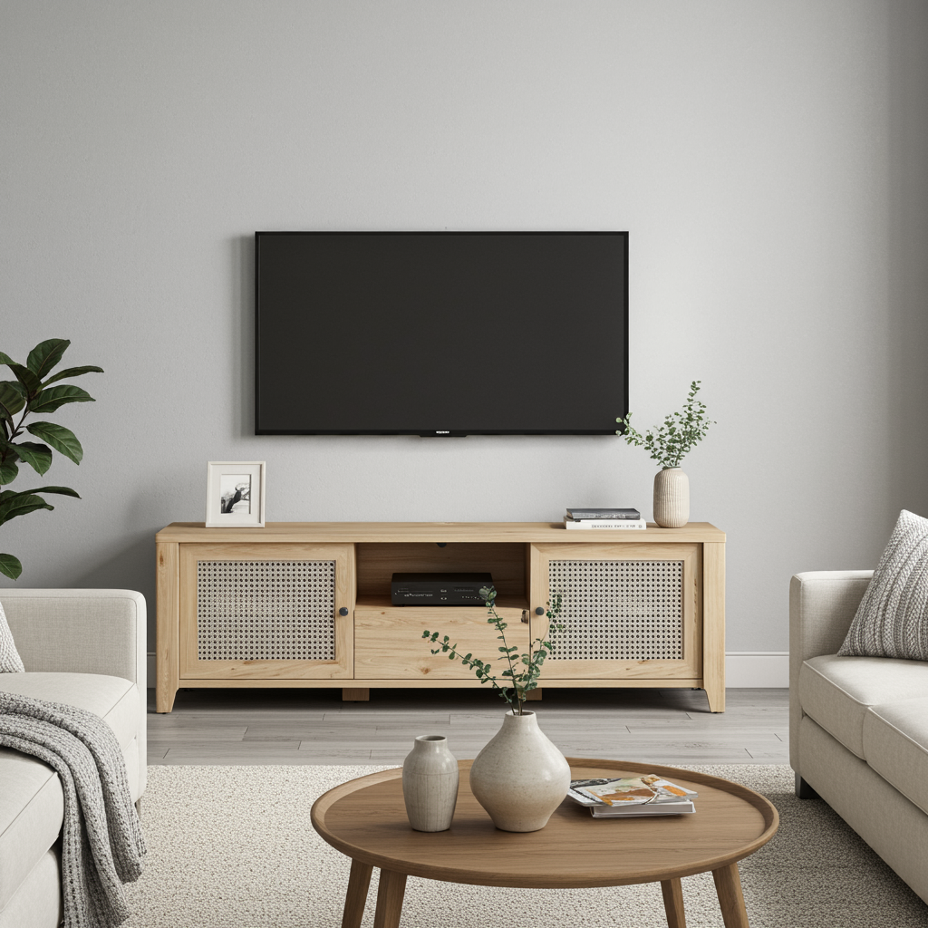Cestino 2 Door 1 Drawer TV Unit in Jackson Hickory Oak and Rattan Effect