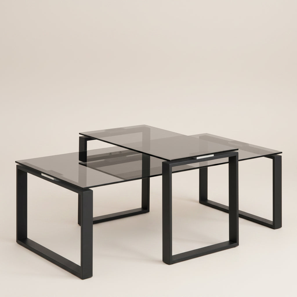Set of two glass coffee tables with black metal frames