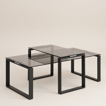 Set of two glass coffee tables with black metal frames