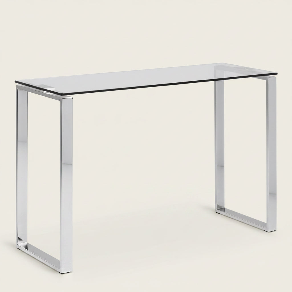 Glass console table with chrome metal frame