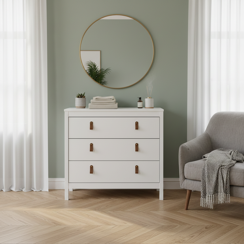 Harrow 3 Drawers Chest in White with Leather Tab Handles