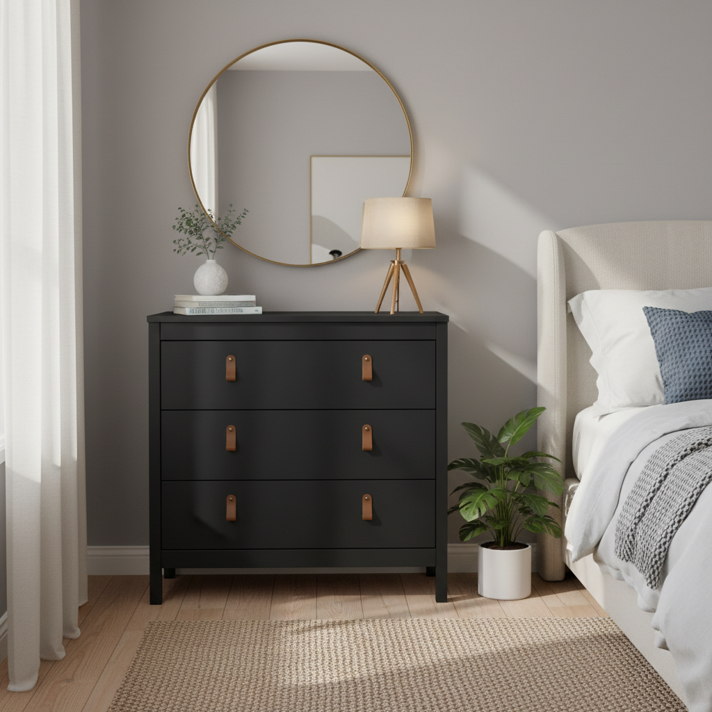 Harrow 3 Drawers Chest in Matt Black with Leather Tab Handles