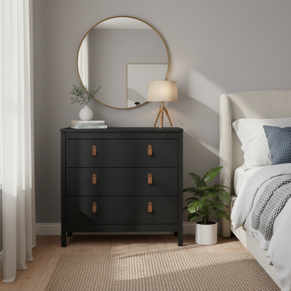 Harrow 3 Drawers Chest in Matt Black with Leather Tab Handles