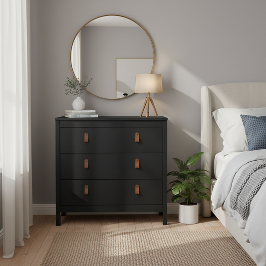 Harrow 3 Drawers Chest in Matt Black with Leather Tab Handles