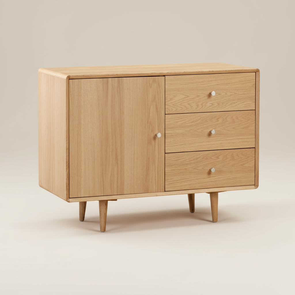 Small oak veneer sideboard with a door and three drawers. Scandinavian, mid-century style 