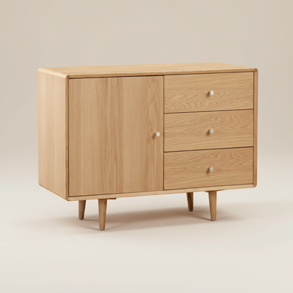 Small oak veneer sideboard with a door and three drawers. Scandinavian, mid-century style 