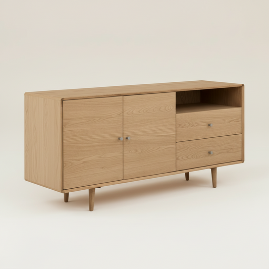 Oak veneer sideboard with two doors and two drawers and open shelf 