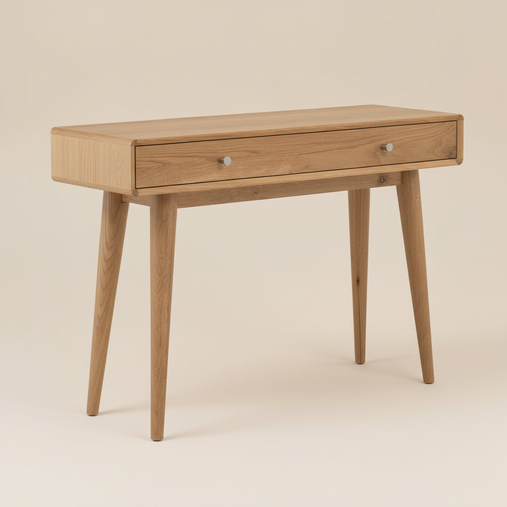 Oak veneer console table with a single drawer 