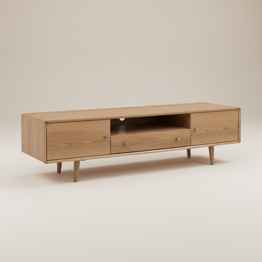 Natural oak veneer TV stand with drawers and shelf