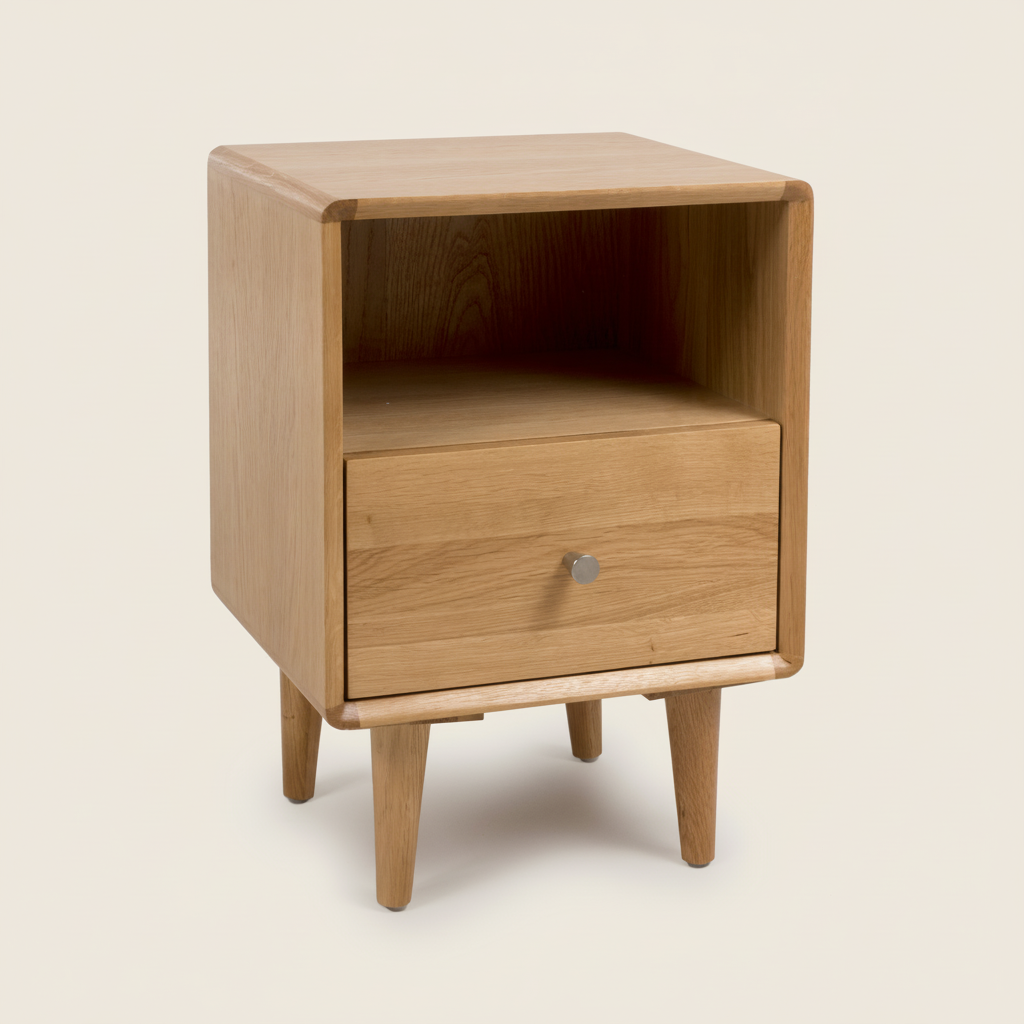 Oak bedside table with one drawer and open shelf on tall legs 