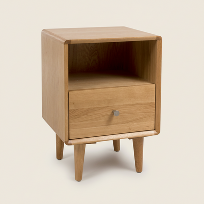 Oak bedside table with one drawer and open shelf on tall legs 