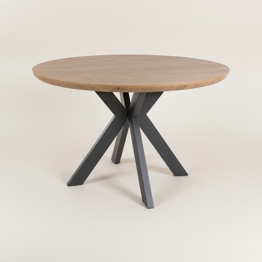 Round wooden table with black metal legs 