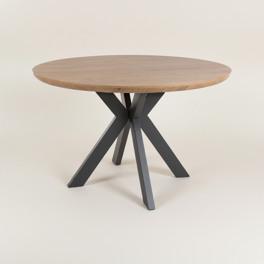 Round wooden table with black metal legs 