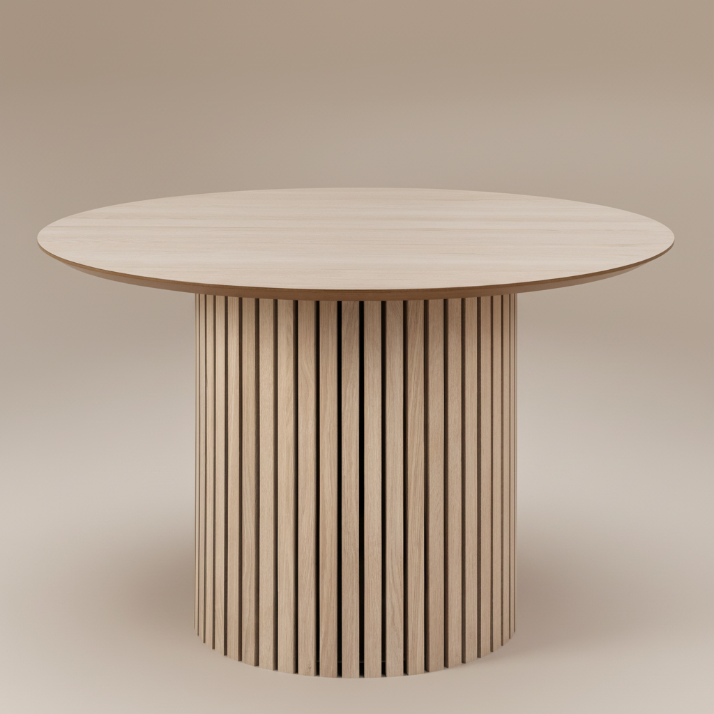 Round wooden table with a striped cylindrical base 