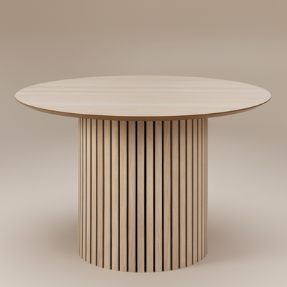 Round wooden table with a striped cylindrical base 