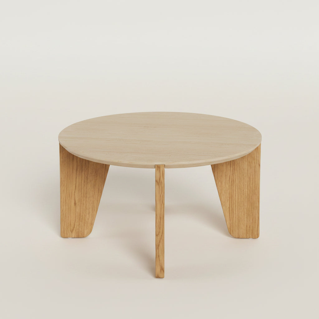 Litho coffee tables in travertine effect and wild oak with round shape and modern design for living rooms